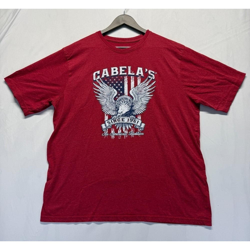 Cabela's T Shirt Mens XL Red Graphic Print An American Flag Tradition 1961‎ Logo